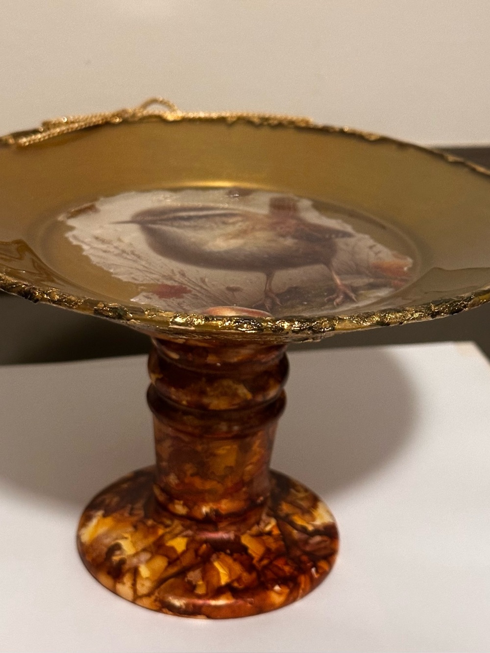 Hand crafted Round glass decorative Plate with Bird Motif mounted on a pedestal